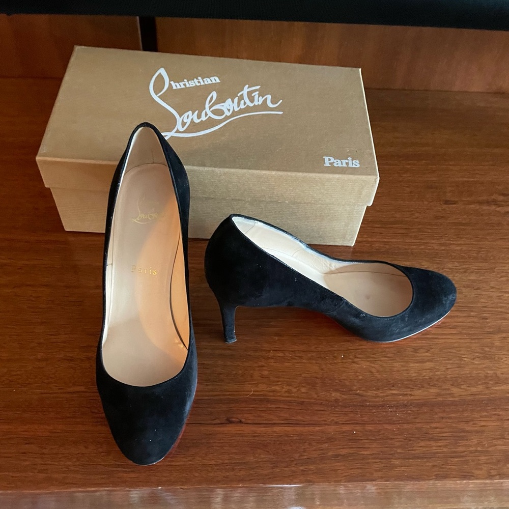 Black suede Christian Louboutin 4” heel and round toe